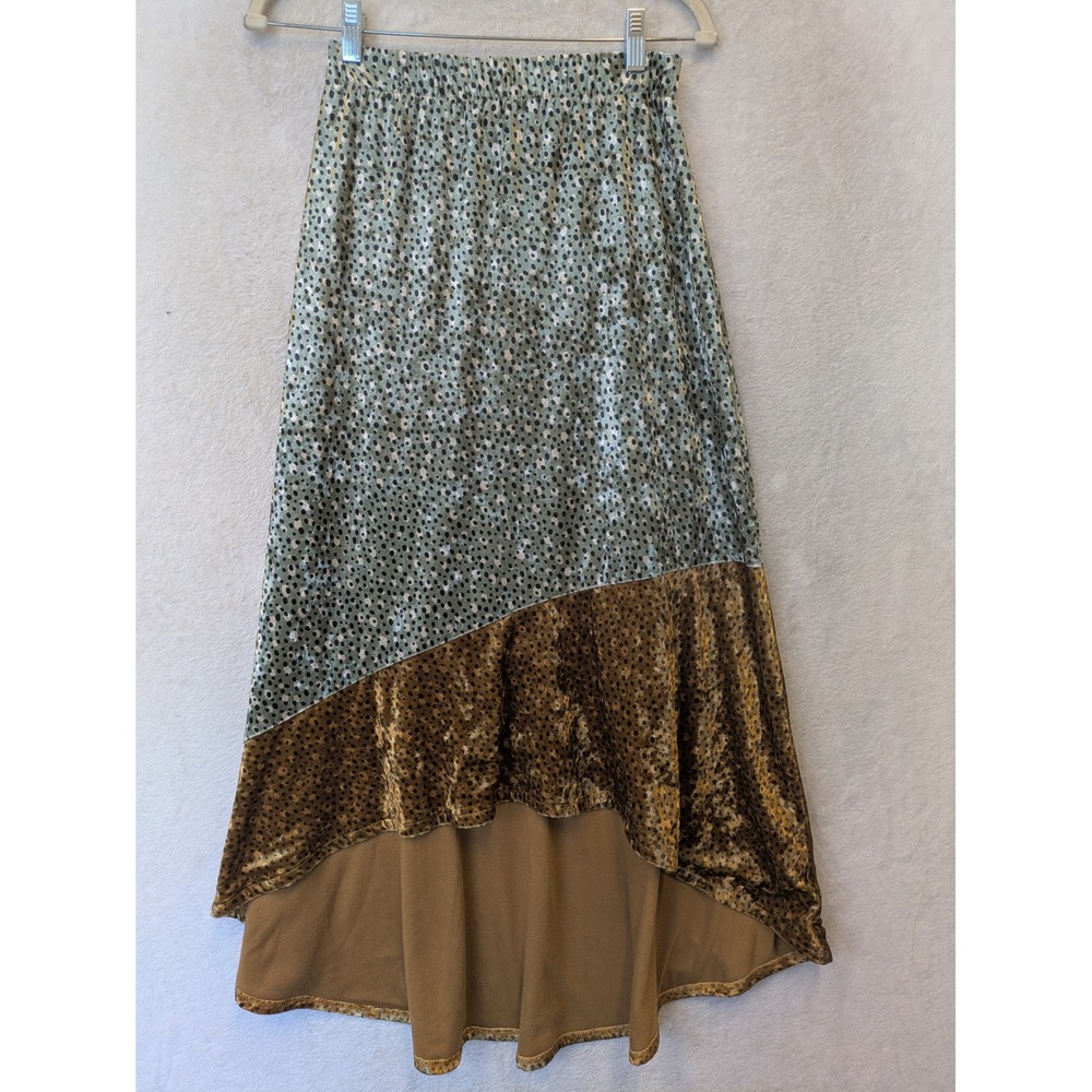 Porridge High-Low Skirt Women's XS Green Gold Velvet Polka Dot Asymmetrical Hem